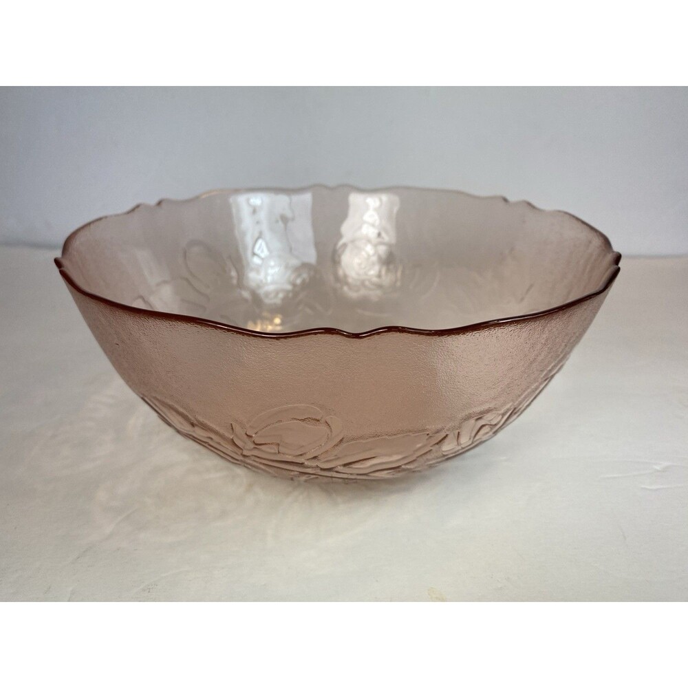 Vintage Arcoroc Rosaline Pink Rose Glass Serving Bowl France 9 1/4" x 4"